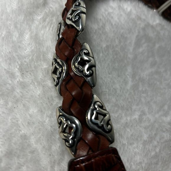 Vintage 1996 Brighton Brown Embossed Leather Belt Sz S Silver Metal Edges Buckle - Picture 9 of 15